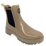 These great little wet weather boots are made from recycled materials using 100% renewable energy. Made by Lemon Jelly in Portugal you'll notice the beautiful lemon aroma as soon as you open the box! The contrast of the black elastic sides is aesthetically pleasing against the shiny Dusty Nude colouring of the boot and translucent chunky sole,