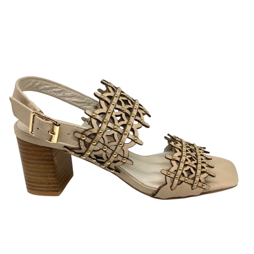 azer cut leather is always beautifully soft and interesting. These sandals are even more so as they also have tiny gold studs dotted along the two wide straps that run across the foot. The leather is almond in colour and the stacked heel is 7cm in height. Made by Django &amp; Juliette.