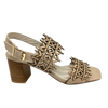 azer cut leather is always beautifully soft and interesting. These sandals are even more so as they also have tiny gold studs dotted along the two wide straps that run across the foot. The leather is almond in colour and the stacked heel is 7cm in height. Made by Django &amp; Juliette.