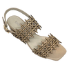 azer cut leather is always beautifully soft and interesting. These sandals are even more so as they also have tiny gold studs dotted along the two wide straps that run across the foot. The leather is almond in colour and the stacked heel is 7cm in height. Made by Django &amp; Juliette.