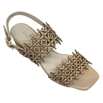 azer cut leather is always beautifully soft and interesting. These sandals are even more so as they also have tiny gold studs dotted along the two wide straps that run across the foot. The leather is almond in colour and the stacked heel is 7cm in height. Made by Django &amp; Juliette.