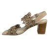 azer cut leather is always beautifully soft and interesting. These sandals are even more so as they also have tiny gold studs dotted along the two wide straps that run across the foot. The leather is almond in colour and the stacked heel is 7cm in height. Made by Django &amp; Juliette.
