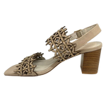 azer cut leather is always beautifully soft and interesting. These sandals are even more so as they also have tiny gold studs dotted along the two wide straps that run across the foot. The leather is almond in colour and the stacked heel is 7cm in height. Made by Django &amp; Juliette.