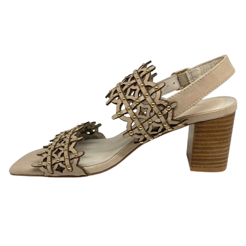 azer cut leather is always beautifully soft and interesting. These sandals are even more so as they also have tiny gold studs dotted along the two wide straps that run across the foot. The leather is almond in colour and the stacked heel is 7cm in height. Made by Django &amp; Juliette.