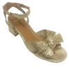 mid heel gold sandal with bow and ankle strap by Bresley