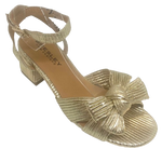 mid heel gold sandal with bow and ankle strap by Bresley