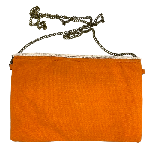 Liven up your outfit with this fun beaded clutch which has a chain strap so it also doubles as a crossbody or shoulder bag. The bright colours are orange/pink/white/blue. The back of the bag is orange canvas. Dimensions are 26cm x 16cm.