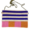 Liven up your outfit with this fun beaded clutch which has a chain strap so it also doubles as a crossbody or shoulder bag. The bright colours are orange/pink/white/blue. The back of the bag is orange canvas. Dimensions are 26cm x 16cm.