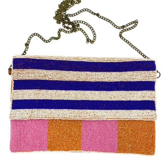 Liven up your outfit with this fun beaded clutch which has a chain strap so it also doubles as a crossbody or shoulder bag. The bright colours are orange/pink/white/blue. The back of the bag is orange canvas. Dimensions are 26cm x 16cm.