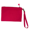 A fund little clutch with the word "soleil" on the front as well as stripes of orange and pink. The back is fuchsia canvas. A wrist strap and small pom poms are a fun addition. Dimensions are 20cm x 15cm.