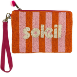 A fund little clutch with the word "soleil" on the front as well as stripes of orange and pink. The back is fuchsia canvas. A wrist strap and small pom poms are a fun addition. Dimensions are 20cm x 15cm.