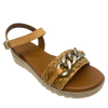 Made in Spain by Zeta, this comfortable low wedged sandal has a leather Y back with buckle, a raffia plaited strap across the toe and a "metallic" looking plastic chain trim. The natural colour of camel is an easy fit in any wardrobe.