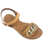 Made in Spain by Zeta, this comfortable low wedged sandal has a leather Y back with buckle, a raffia plaited strap across the toe and a "metallic" looking plastic chain trim. The natural colour of camel is an easy fit in any wardrobe.