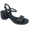 A great little black sandal for every occasion. Although the heel is a block heel its interesting round shape (6.5cm) and stud detail mean it remains elegant yet could easily we worn with your favourite jeans. The gold studded theme continue in the strap across the foot and the bucked Y back. The footbed is comfortably padded.