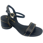 A great little black sandal for every occasion. Although the heel is a block heel its interesting round shape (6.5cm) and stud detail mean it remains elegant yet could easily we worn with your favourite jeans. The gold studded theme continue in the strap across the foot and the bucked Y back. The footbed is comfortably padded.