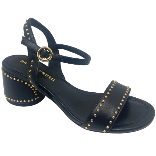 A great little black sandal for every occasion. Although the heel is a block heel its interesting round shape (6.5cm) and stud detail mean it remains elegant yet could easily we worn with your favourite jeans. The gold studded theme continue in the strap across the foot and the bucked Y back. The footbed is comfortably padded.