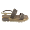 A low summer wedge by Django &amp; Juliette in mocha raffia with a gold trim. It features two bands across the foot and a gold leather back strap. A neutral but interesting and comfortable summer sandal.