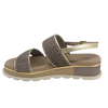 A low summer wedge by Django &amp; Juliette in mocha raffia with a gold trim. It features two bands across the foot and a gold leather back strap. A neutral but interesting and comfortable summer sandal.
