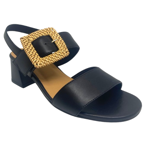 Black leather sandal with a 6cm block heel offering good support and foot coverage. The feature is a large raffia covered buckle on the strap across the instep.