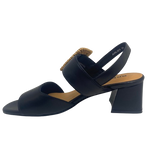 Black leather sandal with a 6cm block heel offering good support and foot coverage. The feature is a large raffia covered buckle on the strap across the instep.
