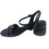 A great little black sandal for every occasion. Although the heel is a block heel its interesting round shape (6.5cm) and stud detail mean it remains elegant yet could easily we worn with your favourite jeans. The gold studded theme continue in the strap across the foot and the bucked Y back. The footbed is comfortably padded.