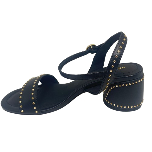 A great little black sandal for every occasion. Although the heel is a block heel its interesting round shape (6.5cm) and stud detail mean it remains elegant yet could easily we worn with your favourite jeans. The gold studded theme continue in the strap across the foot and the bucked Y back. The footbed is comfortably padded.