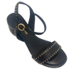 A great little black sandal for every occasion. Although the heel is a block heel its interesting round shape (6.5cm) and stud detail mean it remains elegant yet could easily we worn with your favourite jeans. The gold studded theme continue in the strap across the foot and the bucked Y back. The footbed is comfortably padded.