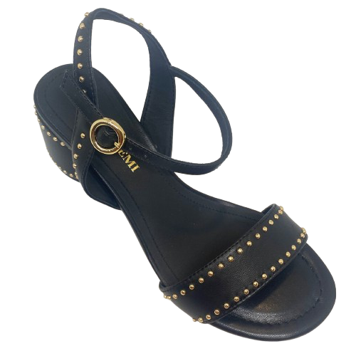 A great little black sandal for every occasion. Although the heel is a block heel its interesting round shape (6.5cm) and stud detail mean it remains elegant yet could easily we worn with your favourite jeans. The gold studded theme continue in the strap across the foot and the bucked Y back. The footbed is comfortably padded.