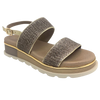 A low summer wedge by Django &amp; Juliette in mocha raffia with a gold trim. It features two bands across the foot and a gold leather back strap. A neutral but interesting and comfortable summer sandal.