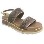 A low summer wedge by Django &amp; Juliette in mocha raffia with a gold trim. It features two bands across the foot and a gold leather back strap. A neutral but interesting and comfortable summer sandal.