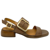 A classic summer sandal in beautiful polished leather in a light pecan shade. The low stacked heel is a comfortable 3.5cm height and large brushed gold buckle is its feature. Brand is EOS.