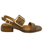 A classic summer sandal in beautiful polished leather in a light pecan shade. The low stacked heel is a comfortable 3.5cm height and large brushed gold buckle is its feature. Brand is EOS.