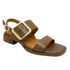A classic summer sandal in beautiful polished leather in a light pecan shade. The low stacked heel is a comfortable 3.5cm height and large brushed gold buckle is its feature. Brand is EOS.
