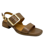 A classic summer sandal in beautiful polished leather in a light pecan shade. The low stacked heel is a comfortable 3.5cm height and large brushed gold buckle is its feature. Brand is EOS.