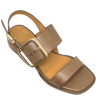 A classic summer sandal in beautiful polished leather in a light pecan shade. The low stacked heel is a comfortable 3.5cm height and large brushed gold buckle is its feature. Brand is EOS.