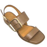A classic summer sandal in beautiful polished leather in a light pecan shade. The low stacked heel is a comfortable 3.5cm height and large brushed gold buckle is its feature. Brand is EOS.