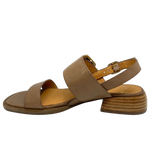 A classic summer sandal in beautiful polished leather in a light pecan shade. The low stacked heel is a comfortable 3.5cm height and large brushed gold buckle is its feature. Brand is EOS.