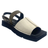 A quirky Japanese inspired sandal in soft patent leathers of off white and khaki. The soft rubber sole has a unique "squared off" appearance. A comfortable and versatile choice for those wanting something a little different.