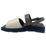 A quirky Japanese inspired sandal in soft patent leathers of off white and khaki. The soft rubber sole has a unique "squared off" appearance. A comfortable and versatile choice for those wanting something a little different.