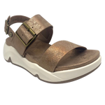 Super comfy and stylish, you'll have this sandal on high repeat all summer. Made with man made materials, it has a super comfy footbed with arch support and is adjustable across the instep and around the heel. The soft metallic finish has a skin pattern on the front strap and metallic detail on the wedge which both add to the look.