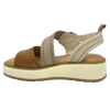 This comfortable little pair or flatform sandals in an interesting and versatile colour way of three tones of camel/beige/cream feature a "horn" look buckle and blanket stitched edges on the straps.