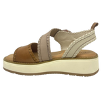 This comfortable little pair or flatform sandals in an interesting and versatile colour way of three tones of camel/beige/cream feature a "horn" look buckle and blanket stitched edges on the straps.