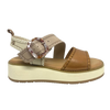 This comfortable little pair or flatform sandals in an interesting and versatile colour way of three tones of camel/beige/cream feature a "horn" look buckle and blanket stitched edges on the straps.