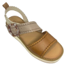 This comfortable little pair or flatform sandals in an interesting and versatile colour way of three tones of camel/beige/cream feature a "horn" look buckle and blanket stitched edges on the straps.