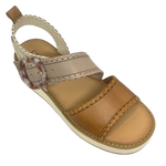This comfortable little pair or flatform sandals in an interesting and versatile colour way of three tones of camel/beige/cream feature a "horn" look buckle and blanket stitched edges on the straps.