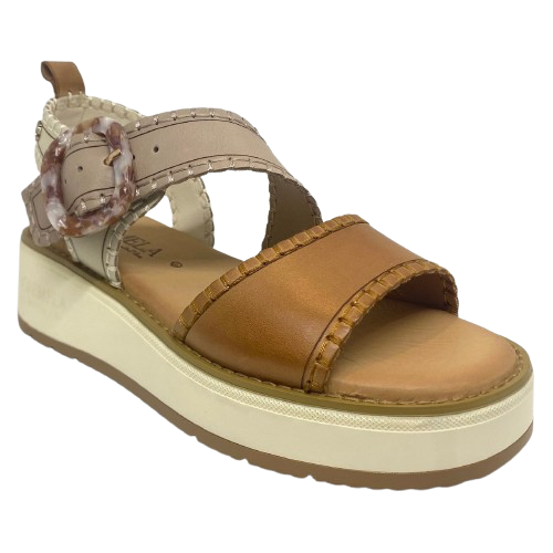 This comfortable little pair or flatform sandals in an interesting and versatile colour way of three tones of camel/beige/cream feature a "horn" look buckle and blanket stitched edges on the straps.