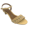 This pretty little sandal is made in a butter coloured "crocheted" raffia which has a comfortable width strap across the toes that features a tiny row of diamontes woven across it. The Y back provides good support and the 5cm kitten heel offers a dressed look while being a comfortable height. Made in Brazil.