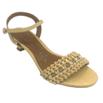 This pretty little sandal is made in a butter coloured "crocheted" raffia which has a comfortable width strap across the toes that features a tiny row of diamontes woven across it. The Y back provides good support and the 5cm kitten heel offers a dressed look while being a comfortable height. Made in Brazil.