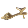 This pretty little sandal is made in a butter coloured "crocheted" raffia which has a comfortable width strap across the toes that features a tiny row of diamontes woven across it. The Y back provides good support and the 5cm kitten heel offers a dressed look while being a comfortable height. Made in Brazil.