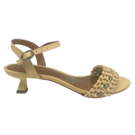 This pretty little sandal is made in a butter coloured "crocheted" raffia which has a comfortable width strap across the toes that features a tiny row of diamontes woven across it. The Y back provides good support and the 5cm kitten heel offers a dressed look while being a comfortable height. Made in Brazil.
